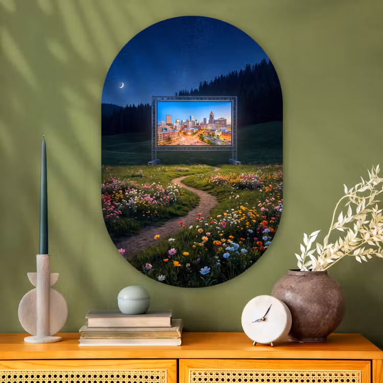 Glasbild Oval - Bildschirm – Stadt – Natur — 2