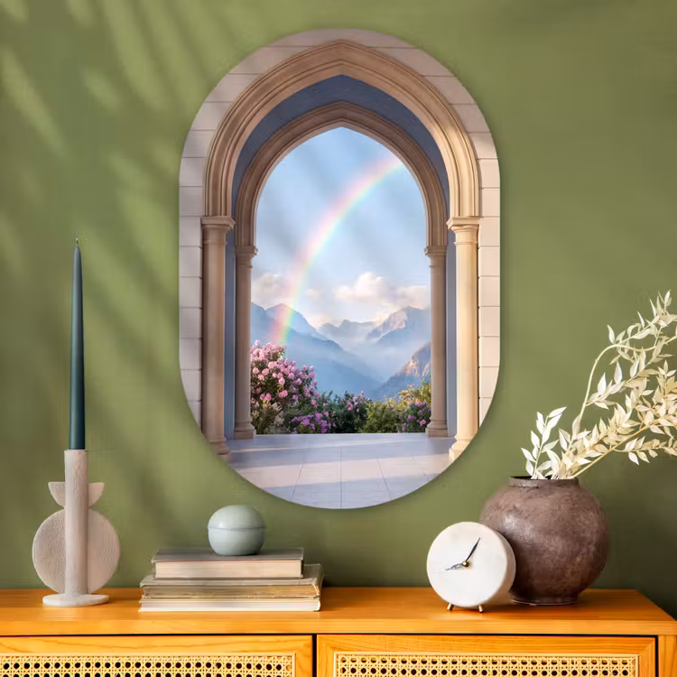 Glasbild Oval - Bogen – Berge – Regenbogen — 2