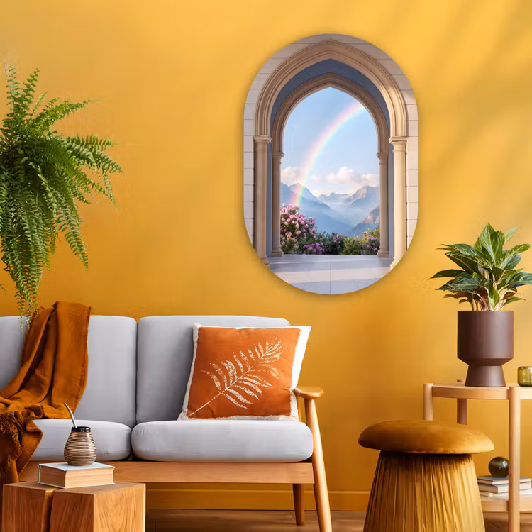 Glasbild Oval - Bogen – Berge – Regenbogen — 3