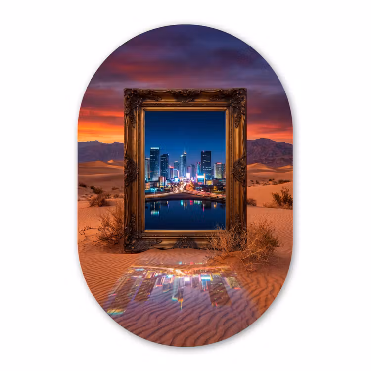 Glasbild Oval - Rahmen – Stadtansicht – Wüste — 1
