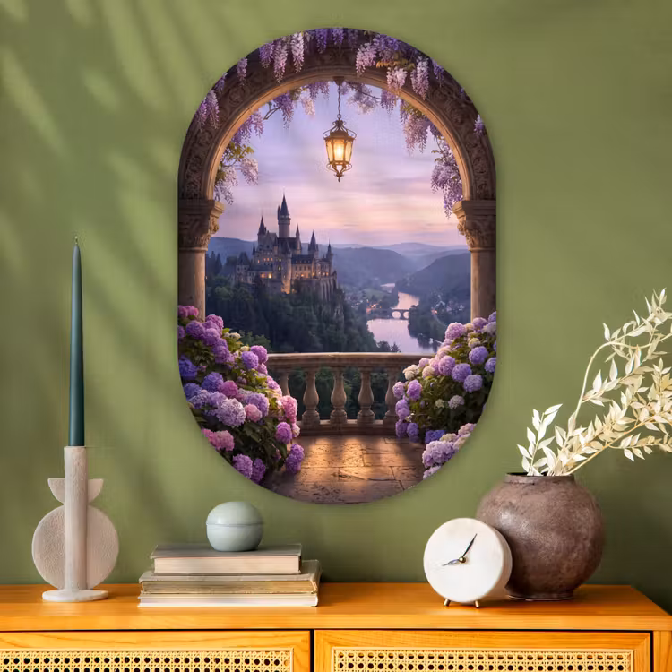 Glasbild Oval - Schloss – Fluss – Abend — 2