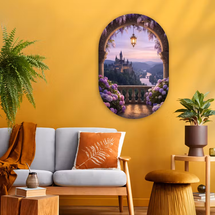 Glasbild Oval - Schloss – Fluss – Abend — 3