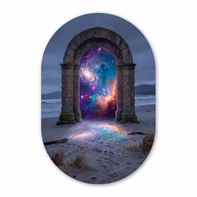 Glasbild Oval - Tor – Strand – Raum — 1