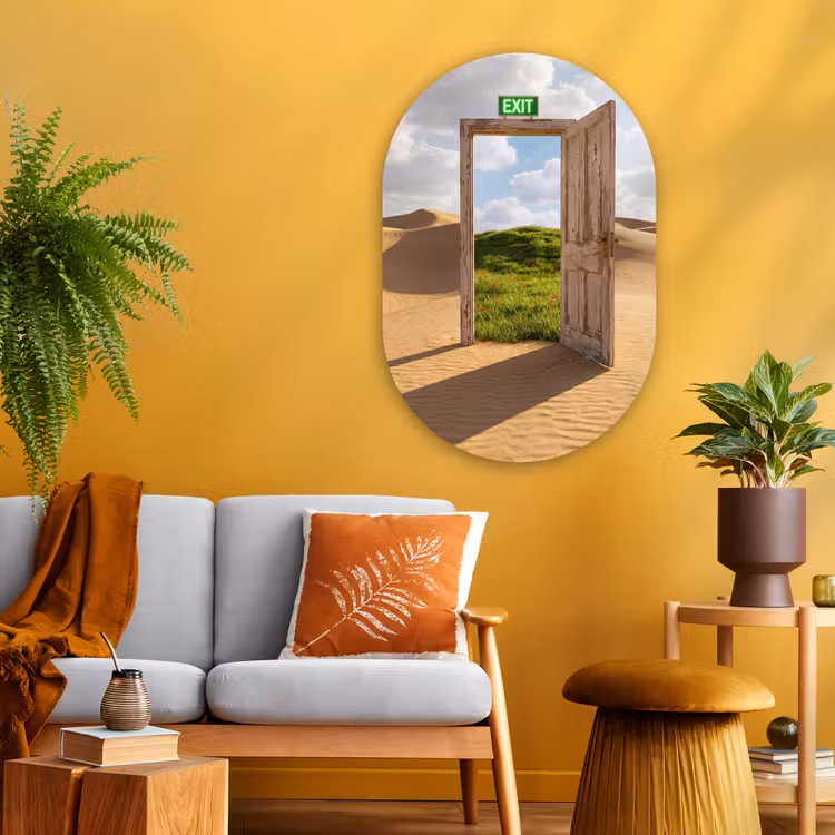 Glasbild Oval - Tür – Wüste – Gras — 3