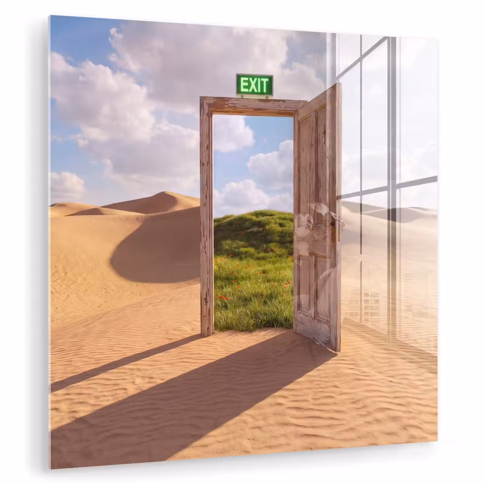 Glasbild - Tür – Wüste – Gras — 1