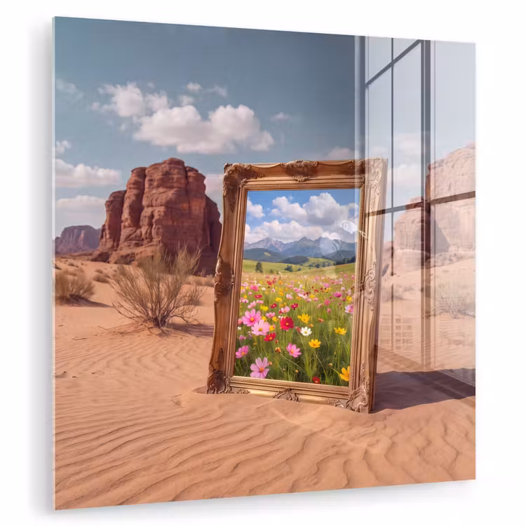 Glasbild - Rahmen – Wüste – Blumen — 1