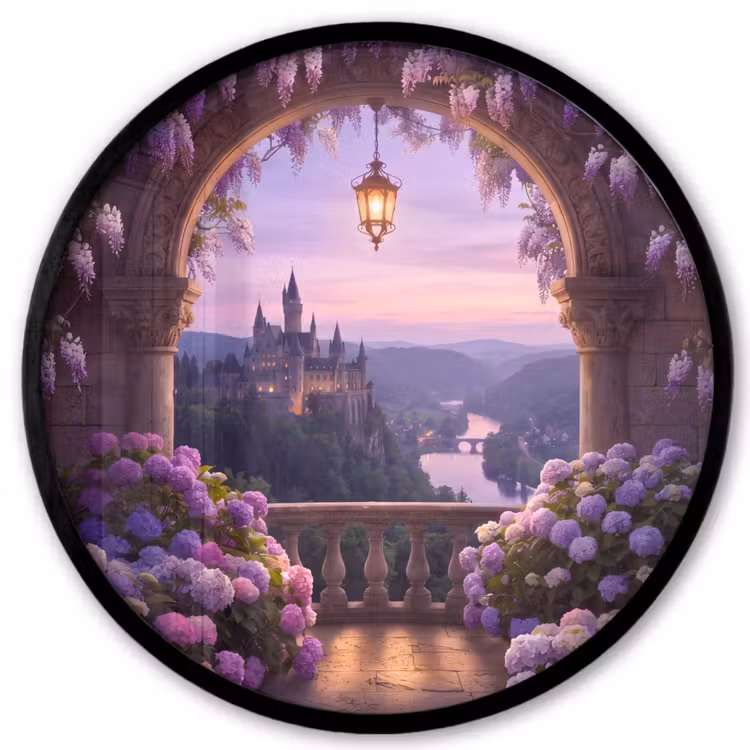 Poster im Rahmen Rund - Schloss – Fluss – Abend — 1