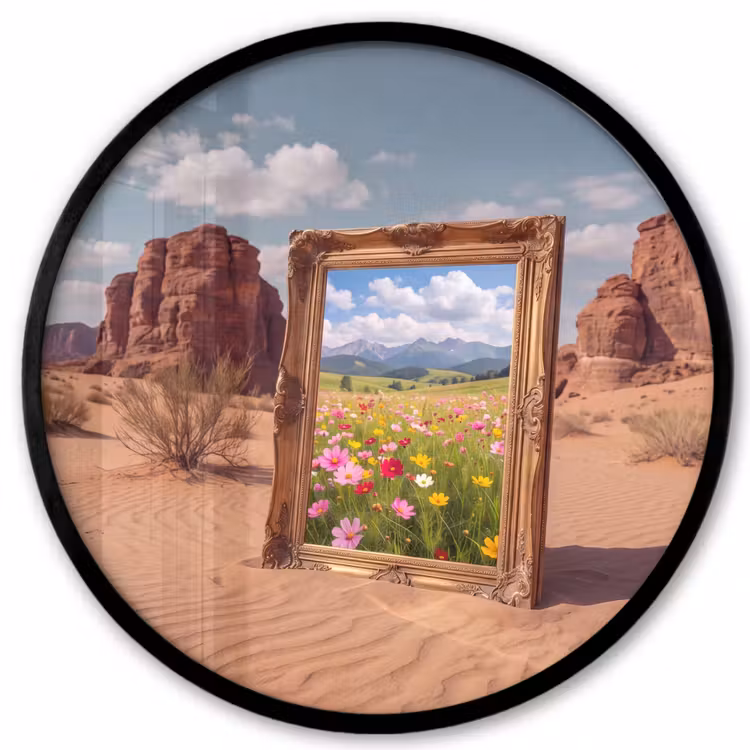 Poster im Rahmen Rund - Rahmen – Wüste – Blumen — 1
