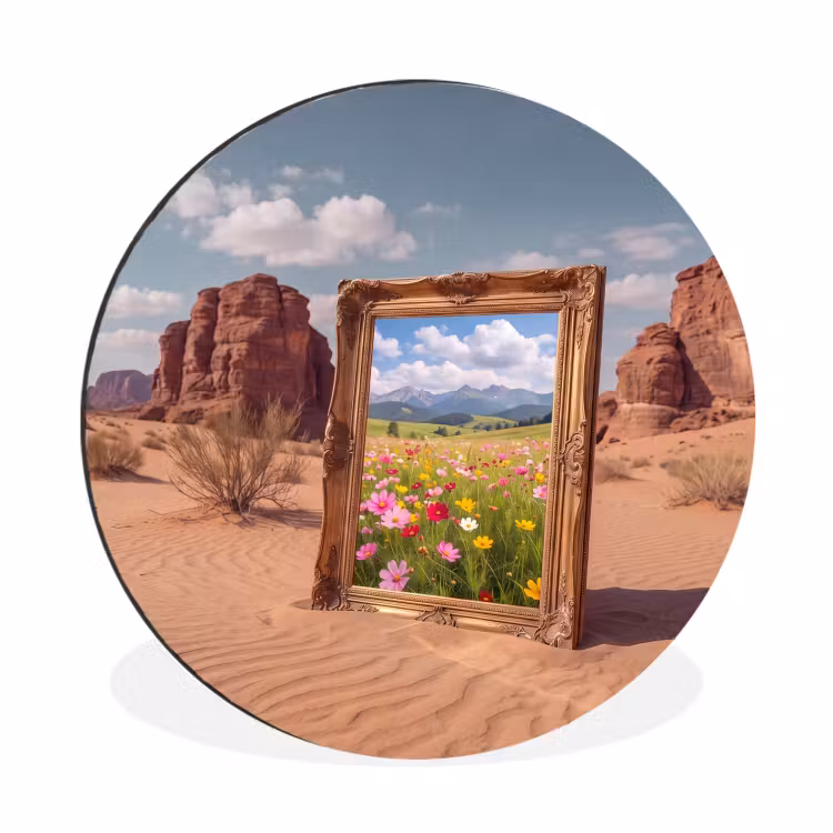 Alu-Dibond-Bild Rund - Rahmen – Wüste – Blumen — 1
