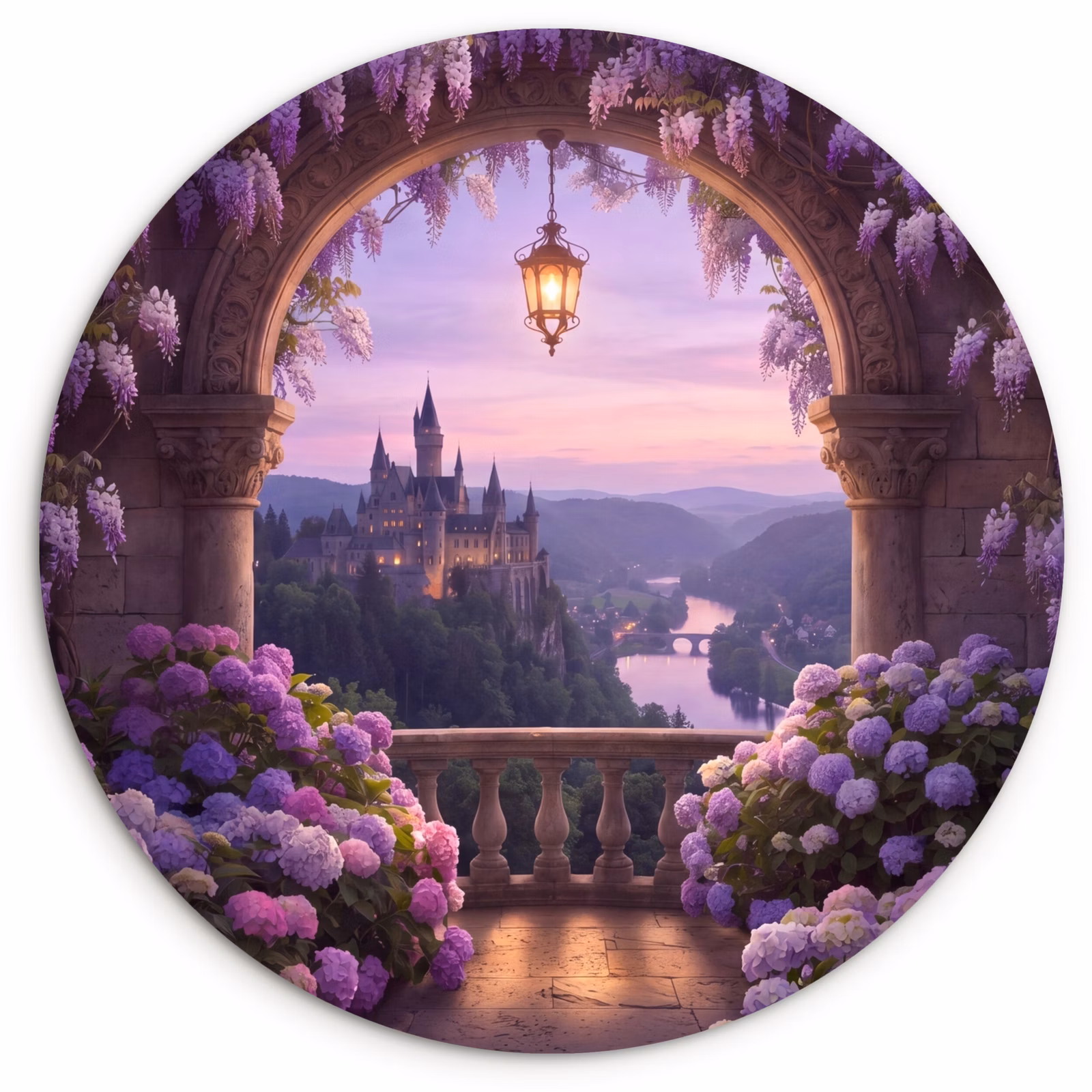 Glasbild Rund - Schloss – Fluss – Abend — 1