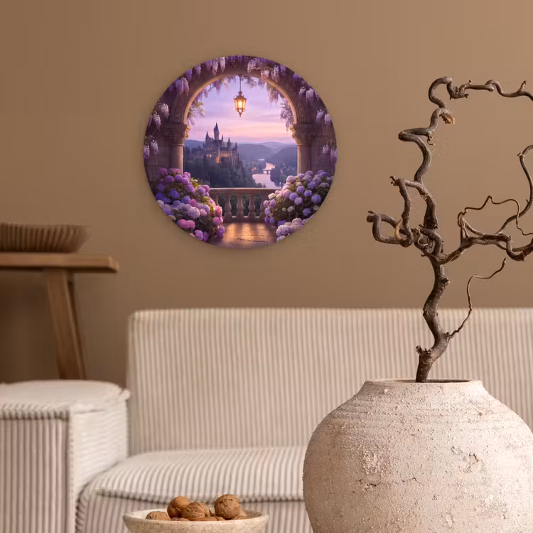 Glasbild Rund - Schloss – Fluss – Abend — 2