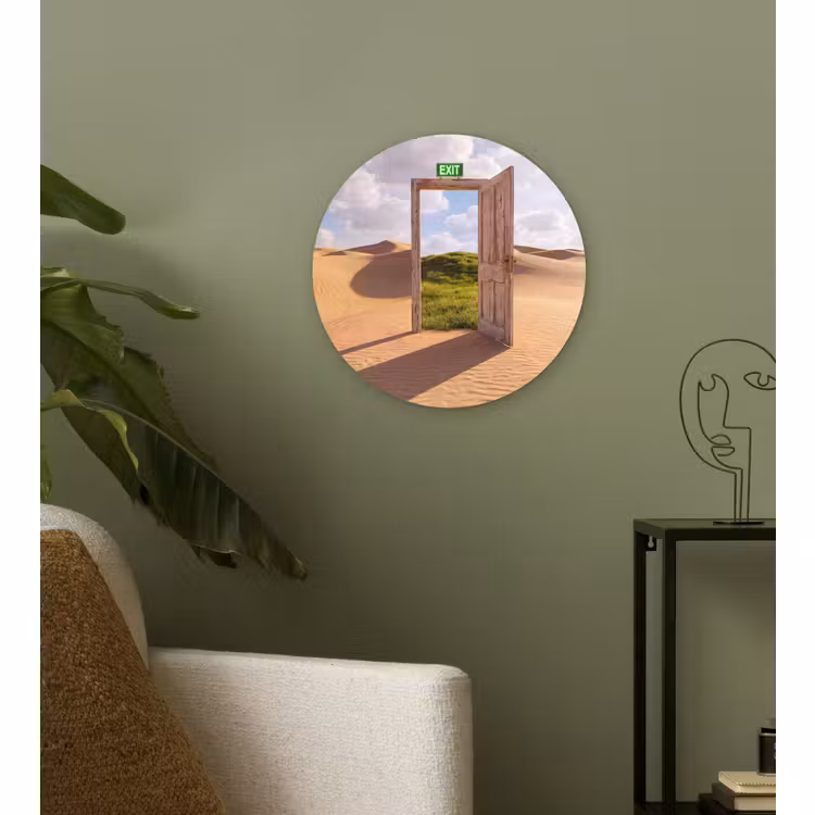 Glasbild Rund - Tür – Wüste – Gras — 3