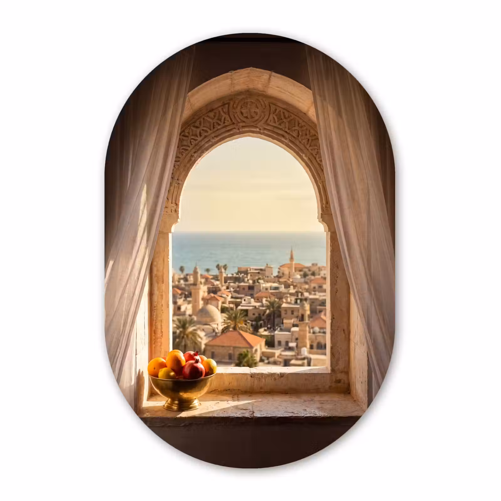 Alu-Dibond-Bild Oval - Fenster – Stadt – Meer — 1
