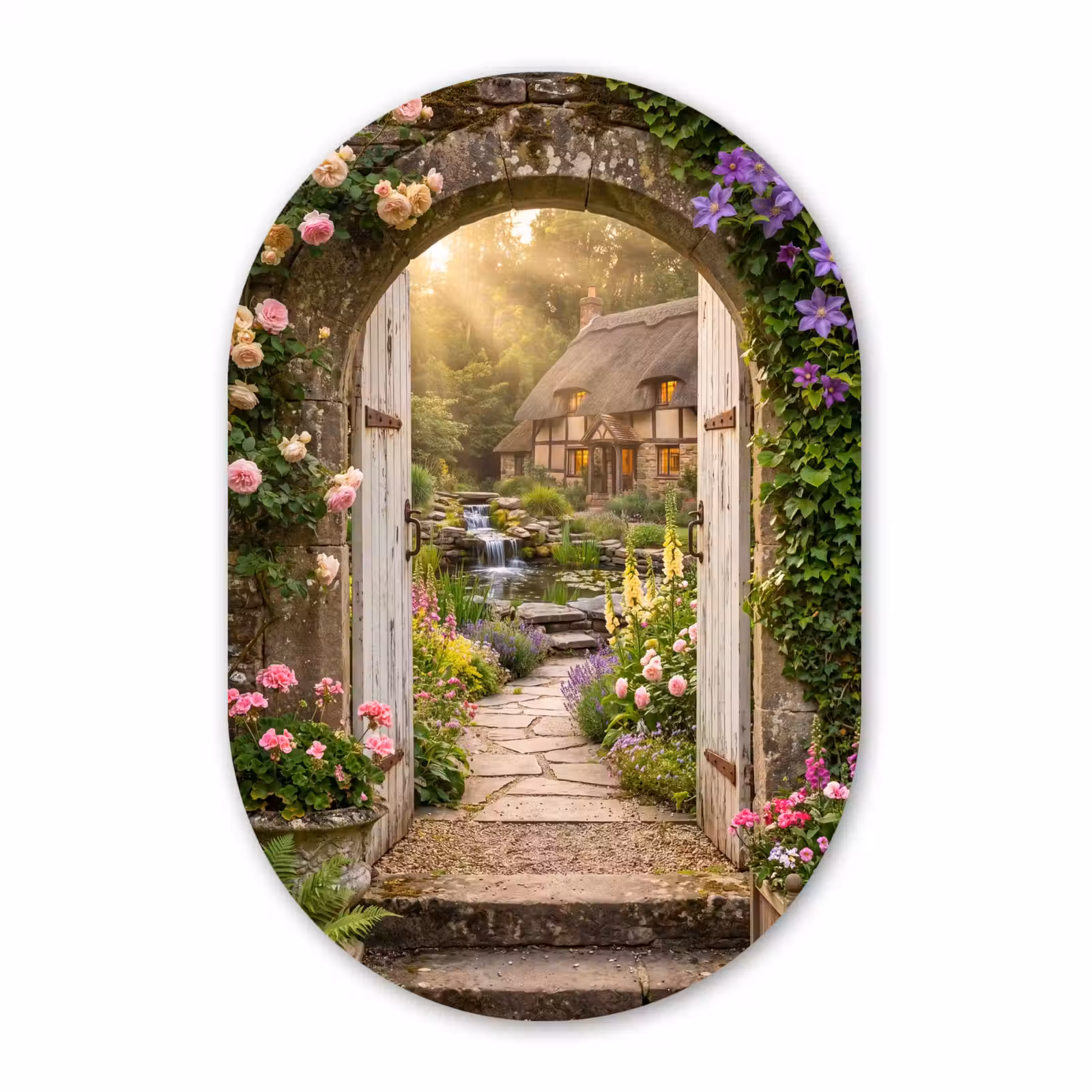 Glasbild Oval - Haus – Garten – Natur — 1