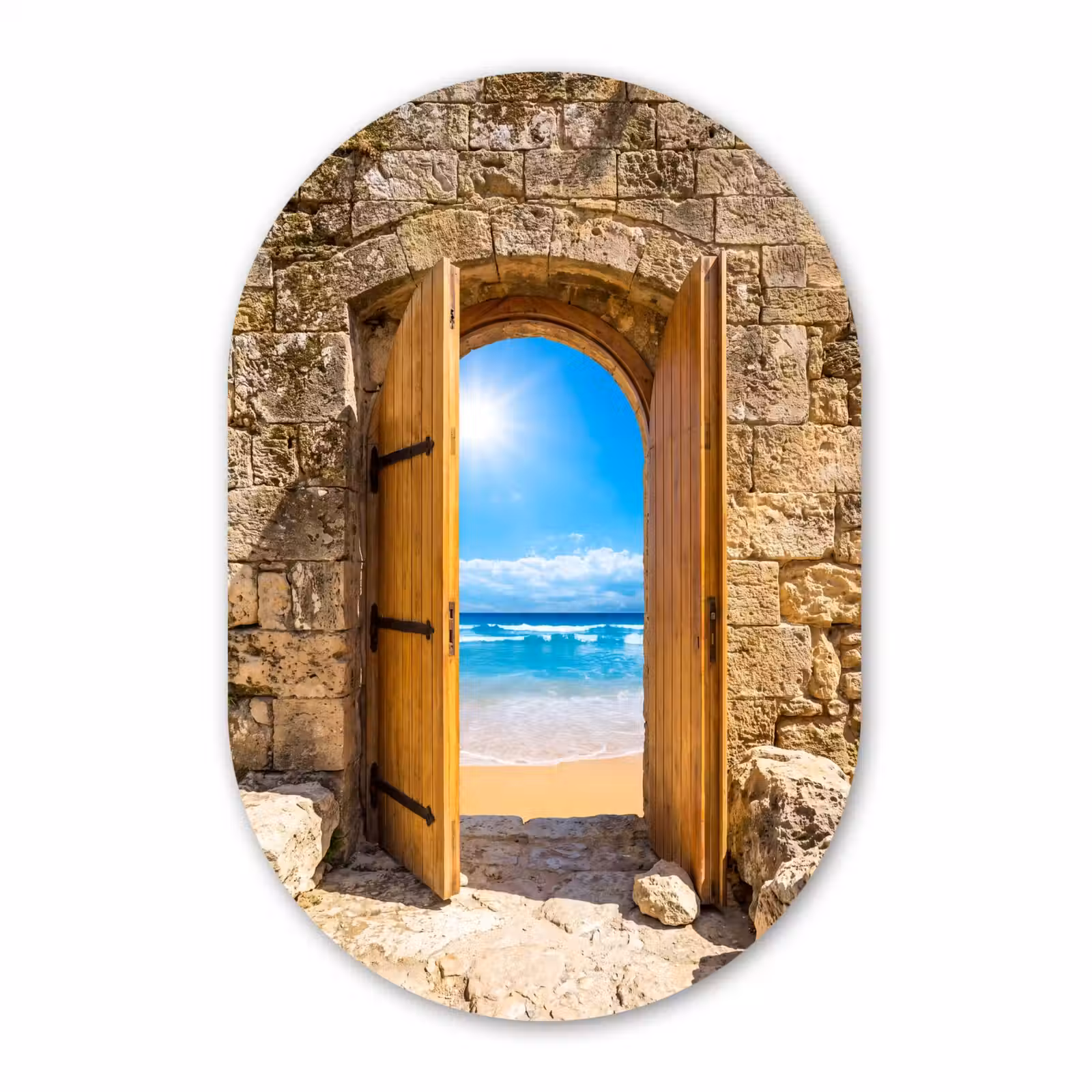 Glasbild Oval - Tür – Strand – Meer — 1