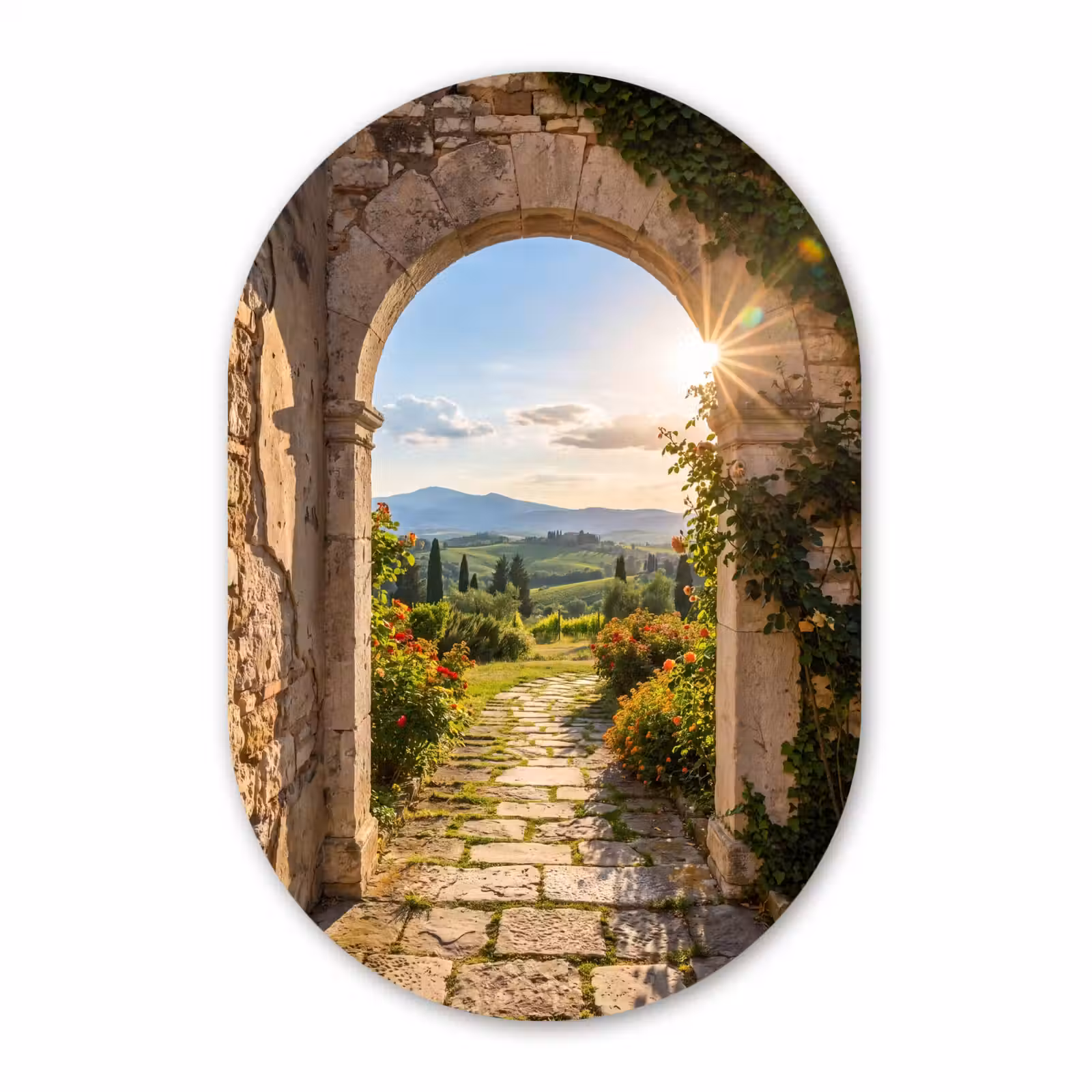 Glasbild Oval - Weg – Garten – Sonnig — 1