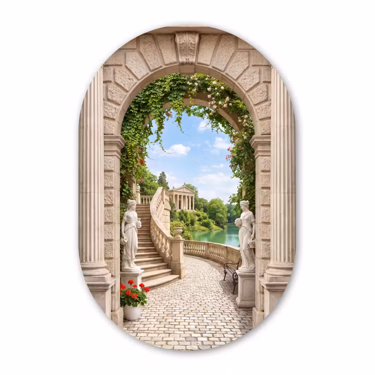 Glasbild Oval - Architektur – Garten – Klassisch — 1