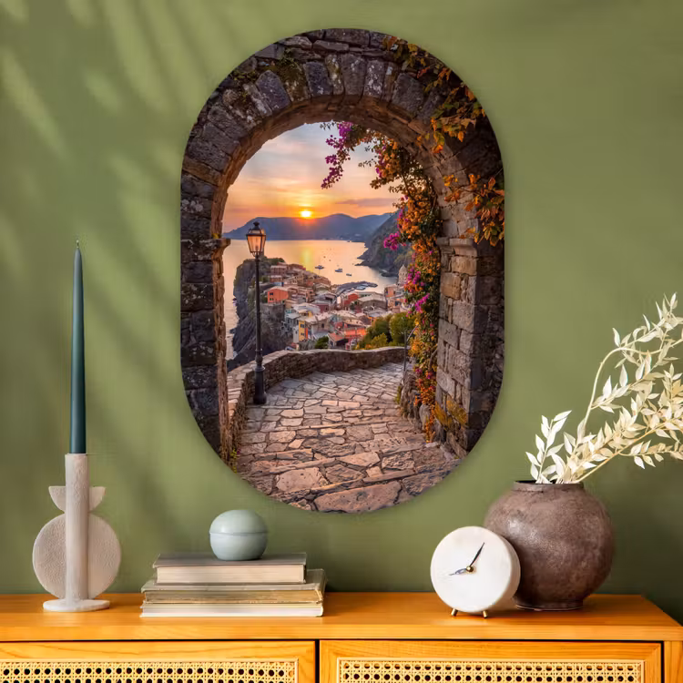 Glasbild Oval - Bogen – Küste – Sonnenuntergang — 2