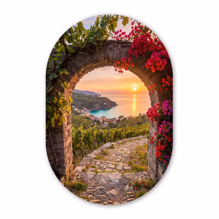 Glasbild Oval - Bogen – Sonnenuntergang – Küste — 1