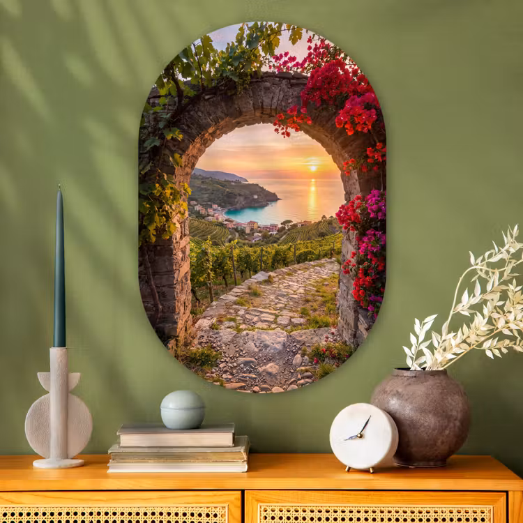 Glasbild Oval - Bogen – Sonnenuntergang – Küste — 2