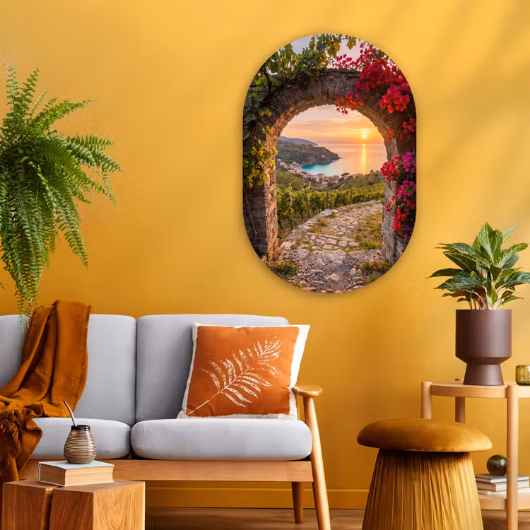 Glasbild Oval - Bogen – Sonnenuntergang – Küste — 3
