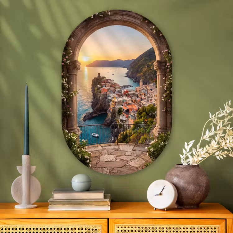 Glasbild Oval - Dorf – Meer – Sonnenuntergang — 2