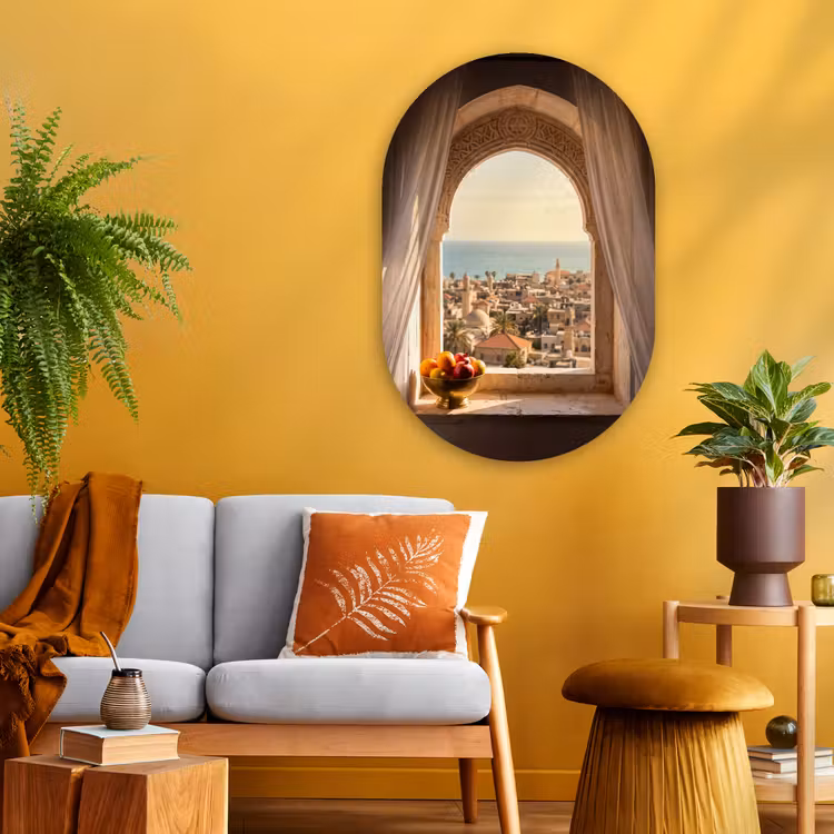 Glasbild Oval - Fenster – Stadt – Meer — 3