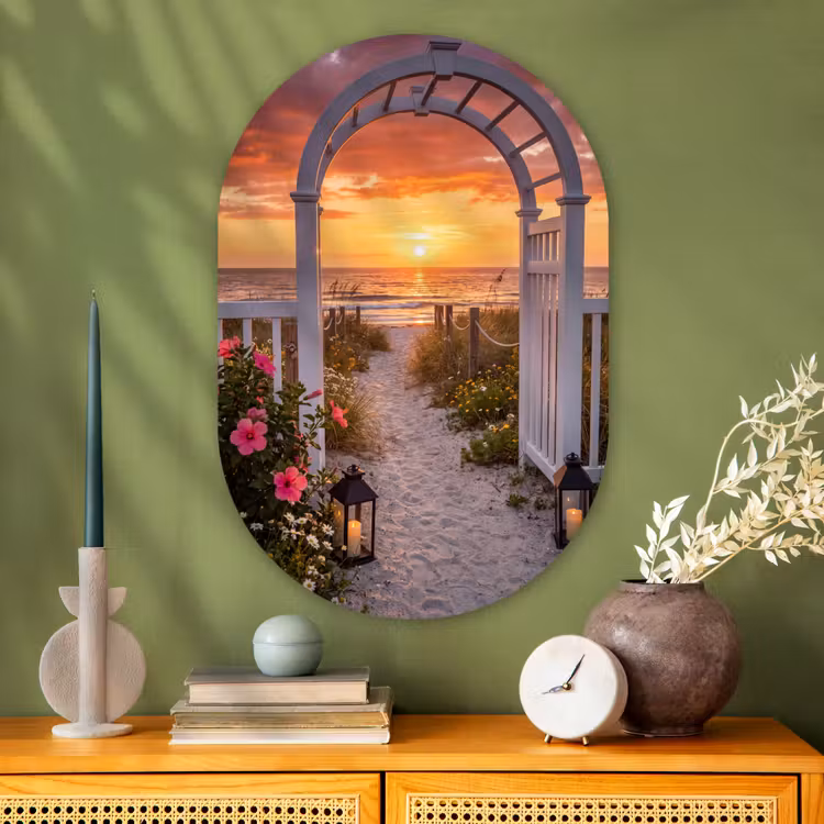 Glasbild Oval - Meer – Frosch – Blumen — 2