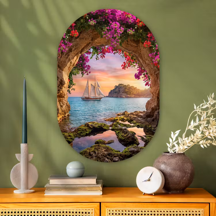 Glasbild Oval - Segelboot – Küste – Natur — 2