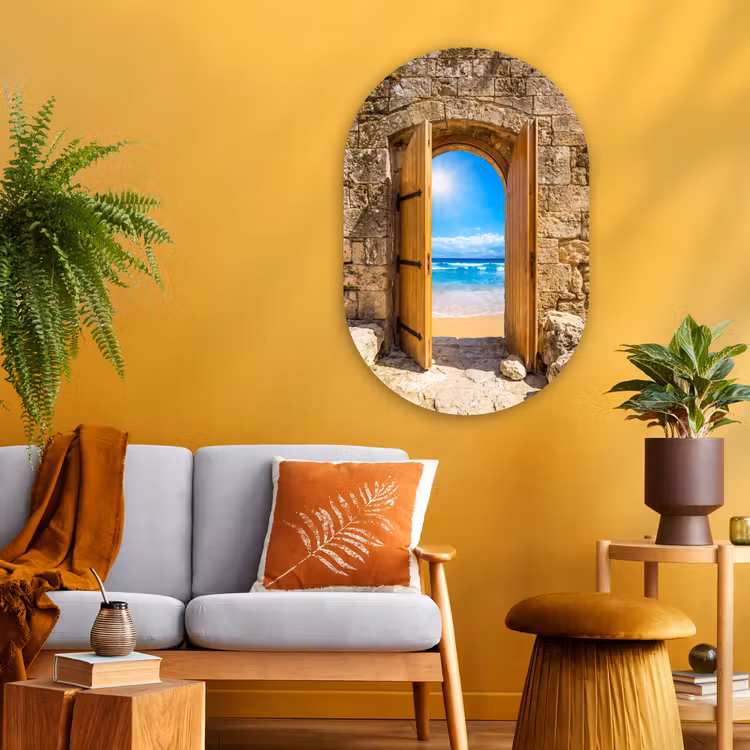 Glasbild Oval - Tür – Strand – Meer — 3