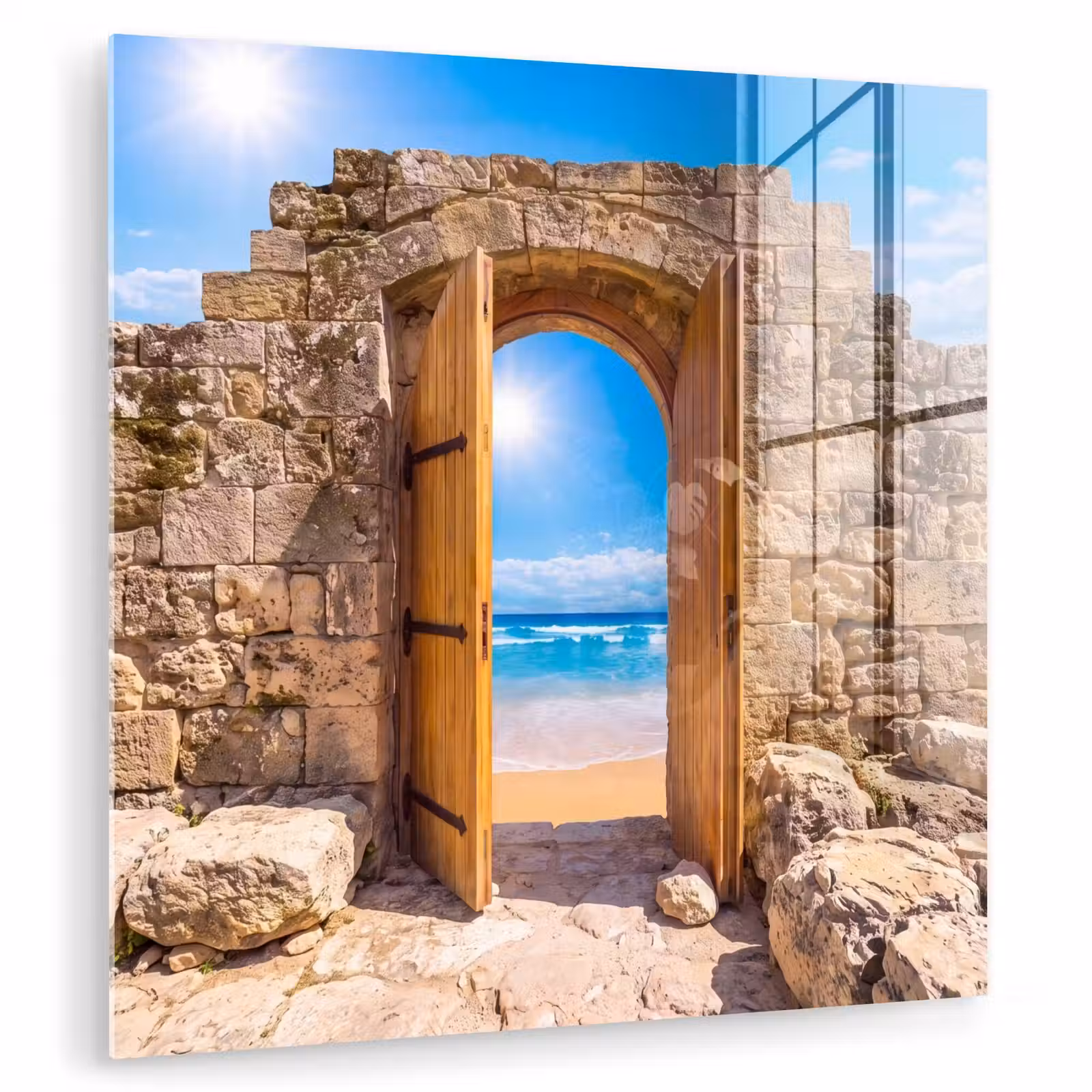 Glasbild - Tür – Strand – Meer — 1