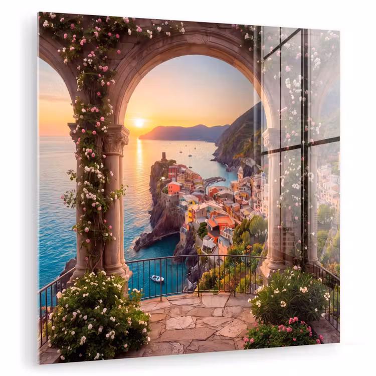 Glasbild - Dorf – Meer – Sonnenuntergang — 1