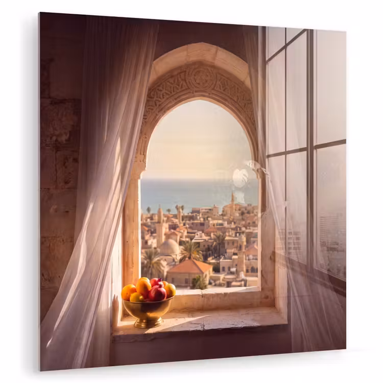 Glasbild - Fenster – Stadt – Meer — 1