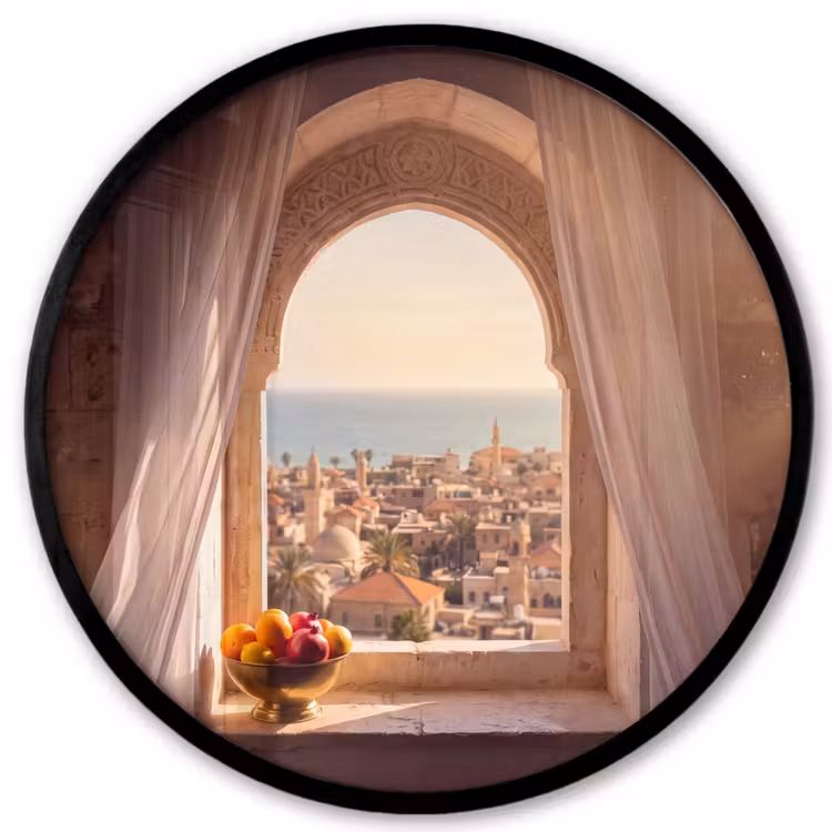 Poster im Rahmen Rund - Fenster – Stadt – Meer — 1