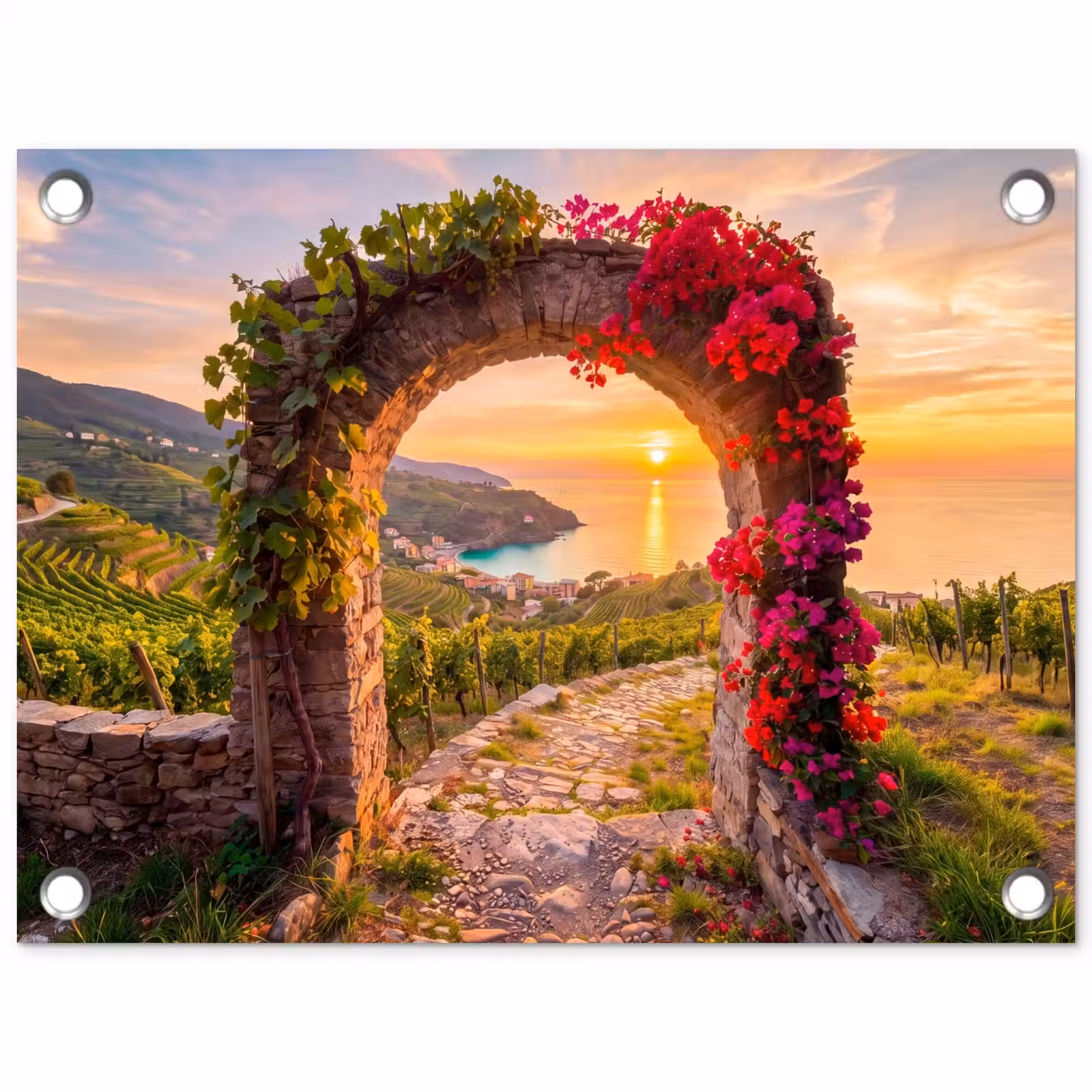 Gartenposter - Bogen – Sonnenuntergang – Küste — 1