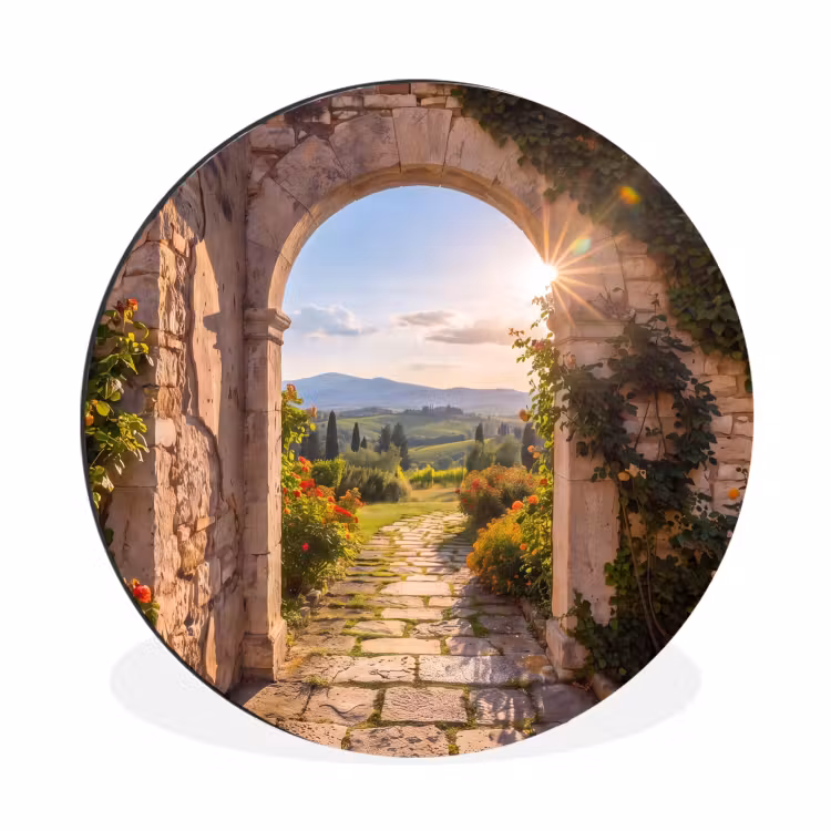 Alu-Dibond-Bild Rund - Weg – Garten – Sonnig — 1