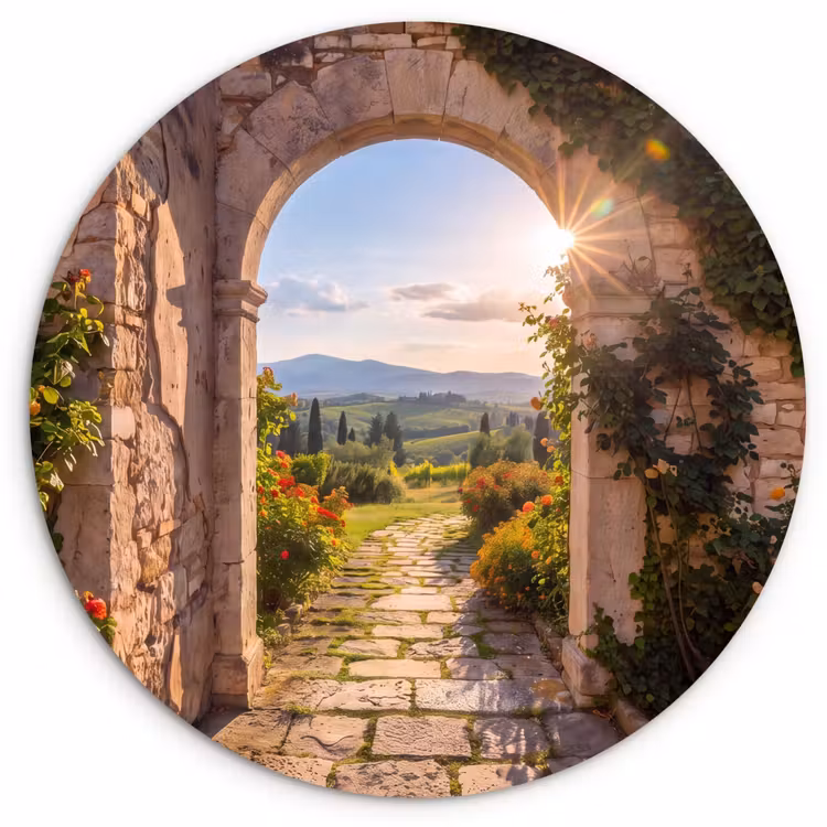 Glasbild Rund - Weg – Garten – Sonnig — 1