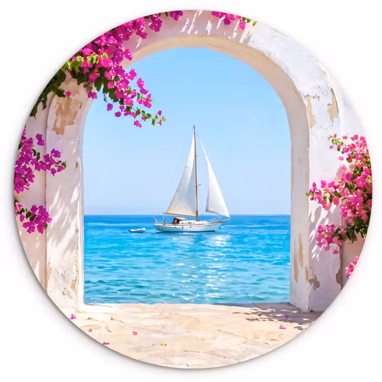 Glasbild Rund - Blumen – Meer – Sommer — 1