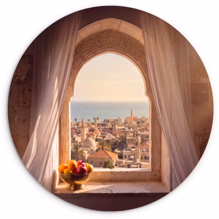 Glasbild Rund - Fenster – Stadt – Meer — 1