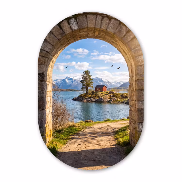 Glasbild Oval - Haus – See – Berge — 1