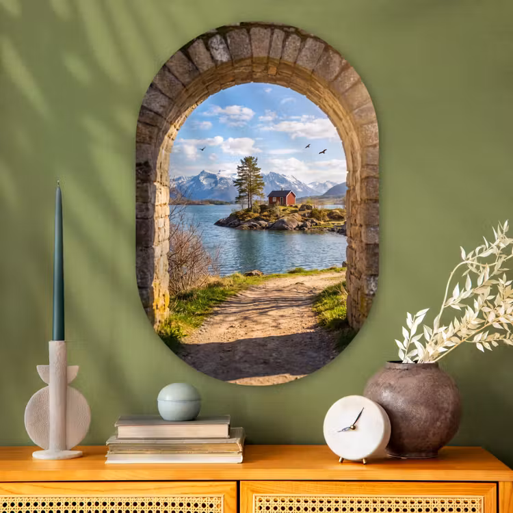 Glasbild Oval - Haus – See – Berge — 2