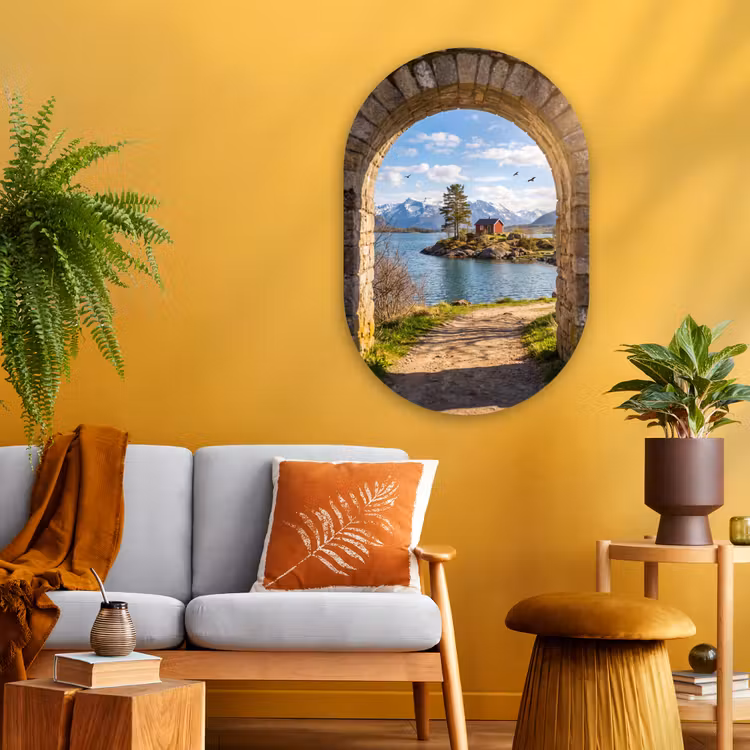 Glasbild Oval - Haus – See – Berge — 3