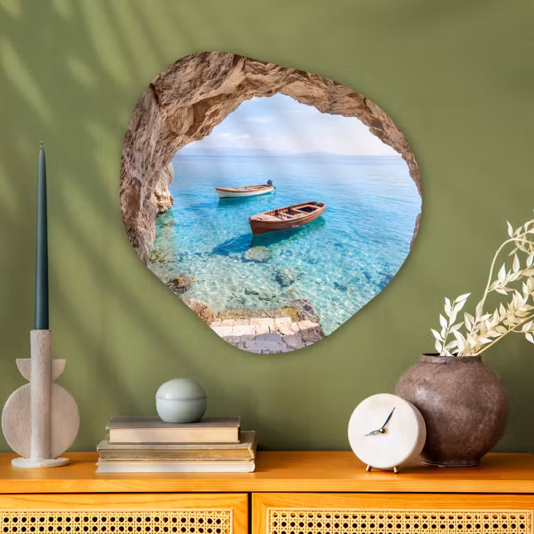 Glasbild Organische Form - Höhle – Meer – Boote — 2