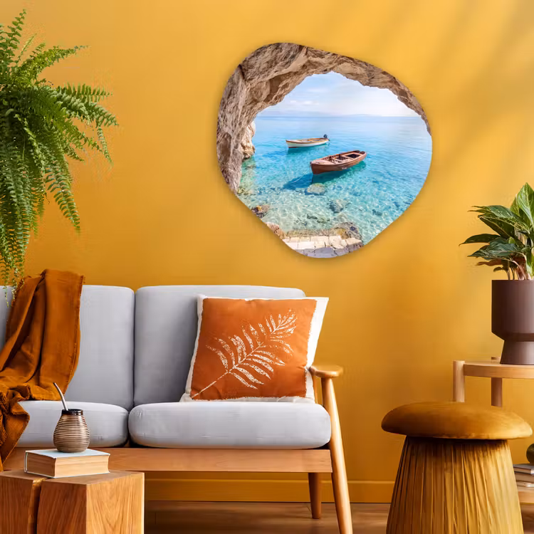 Glasbild Organische Form - Höhle – Meer – Boote — 3