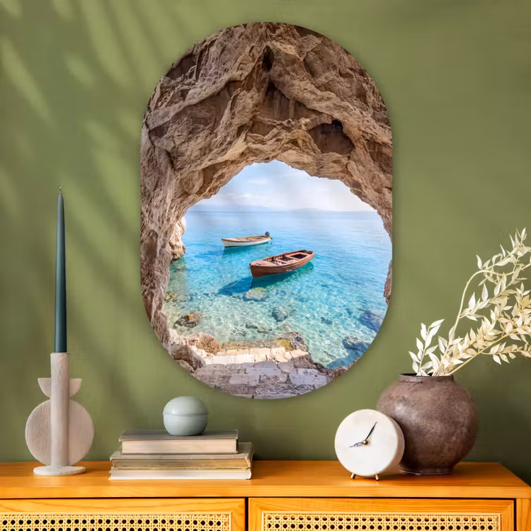Glasbild Oval - Höhle – Meer – Boote — 2