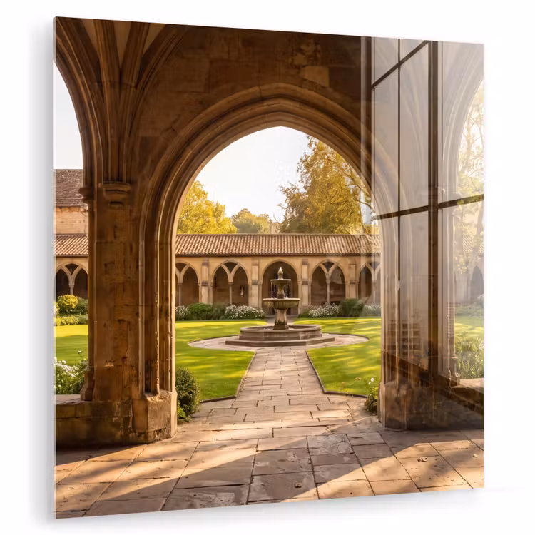 Glasbild - Architektur – Garten – Springbrunnen — 1