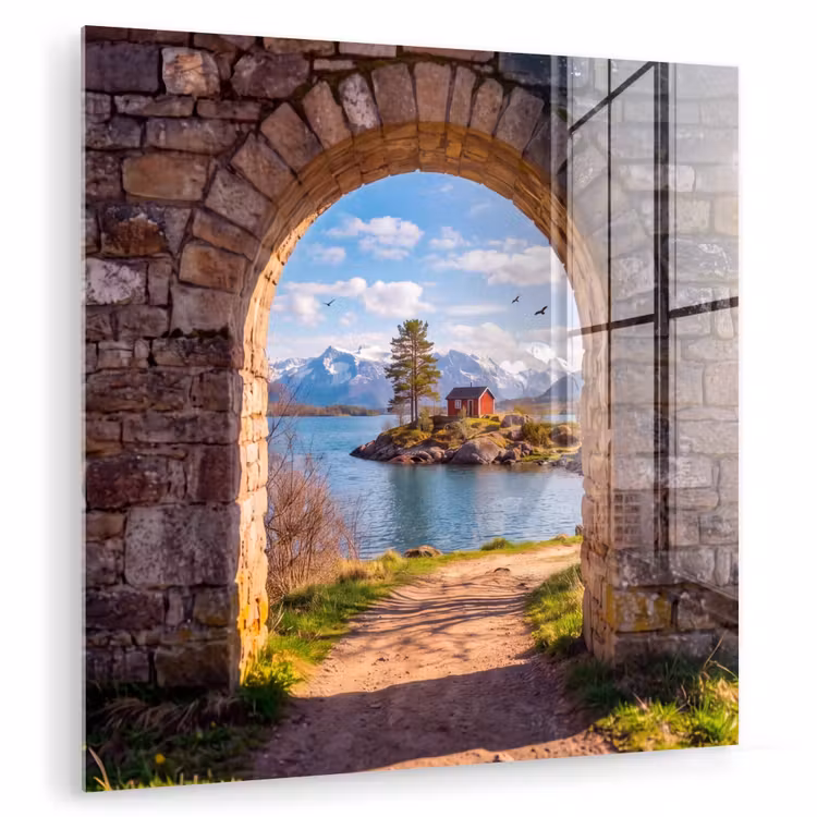 Glasbild - Haus – See – Berge — 1