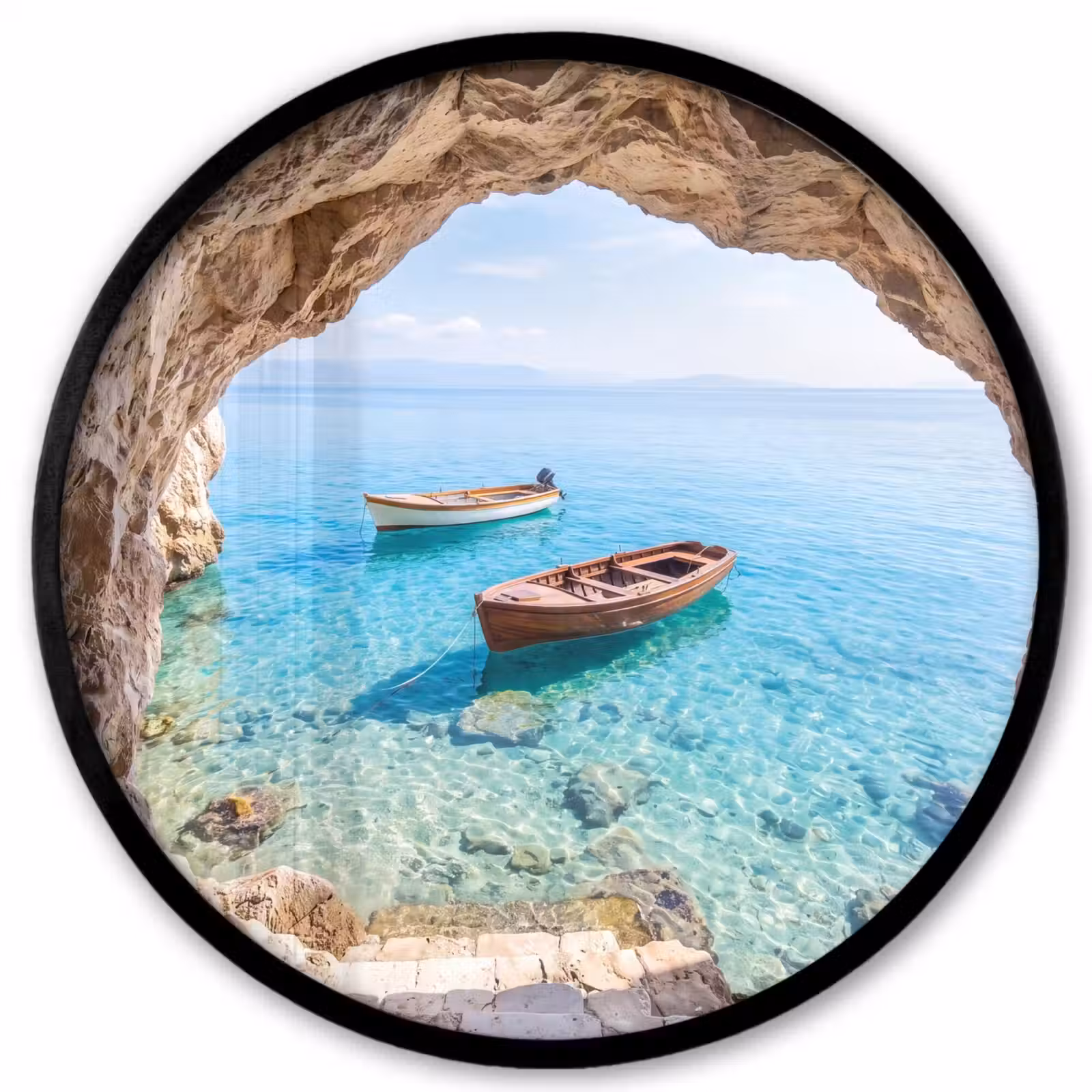Poster im Rahmen Rund - Höhle – Meer – Boote — 1
