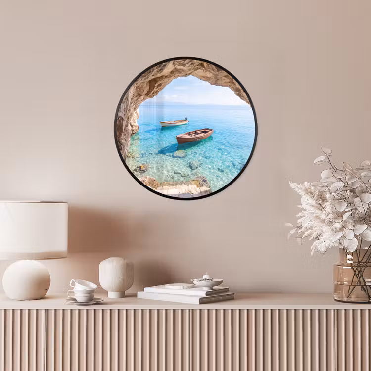 Poster im Rahmen Rund - Höhle – Meer – Boote — 5