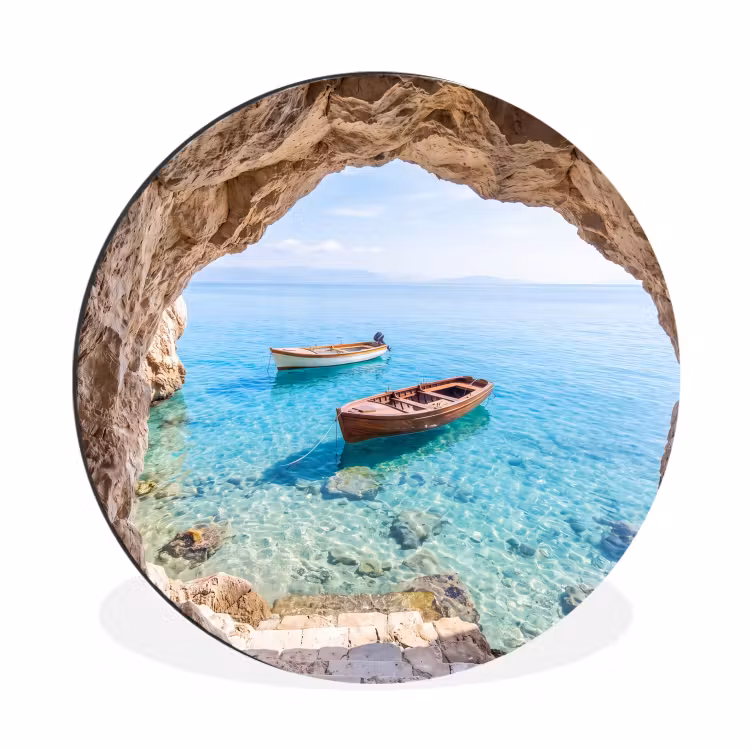 Alu-Dibond-Bild Rund - Höhle – Meer – Boote — 1
